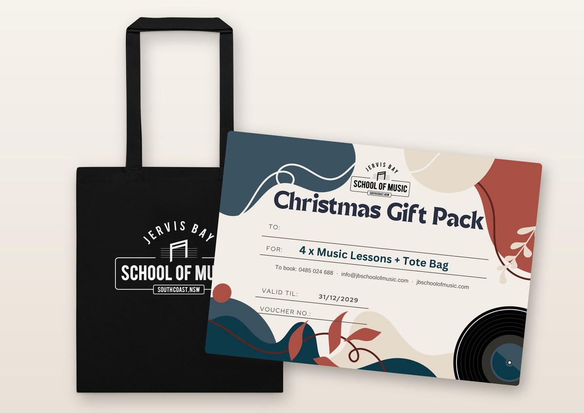 Jervis Bay School of Music Christmas Gift Pack: black tote bag with the school logo and the 4 x Music Lessons + Tote Bag voucher, valid until 31 December 2029